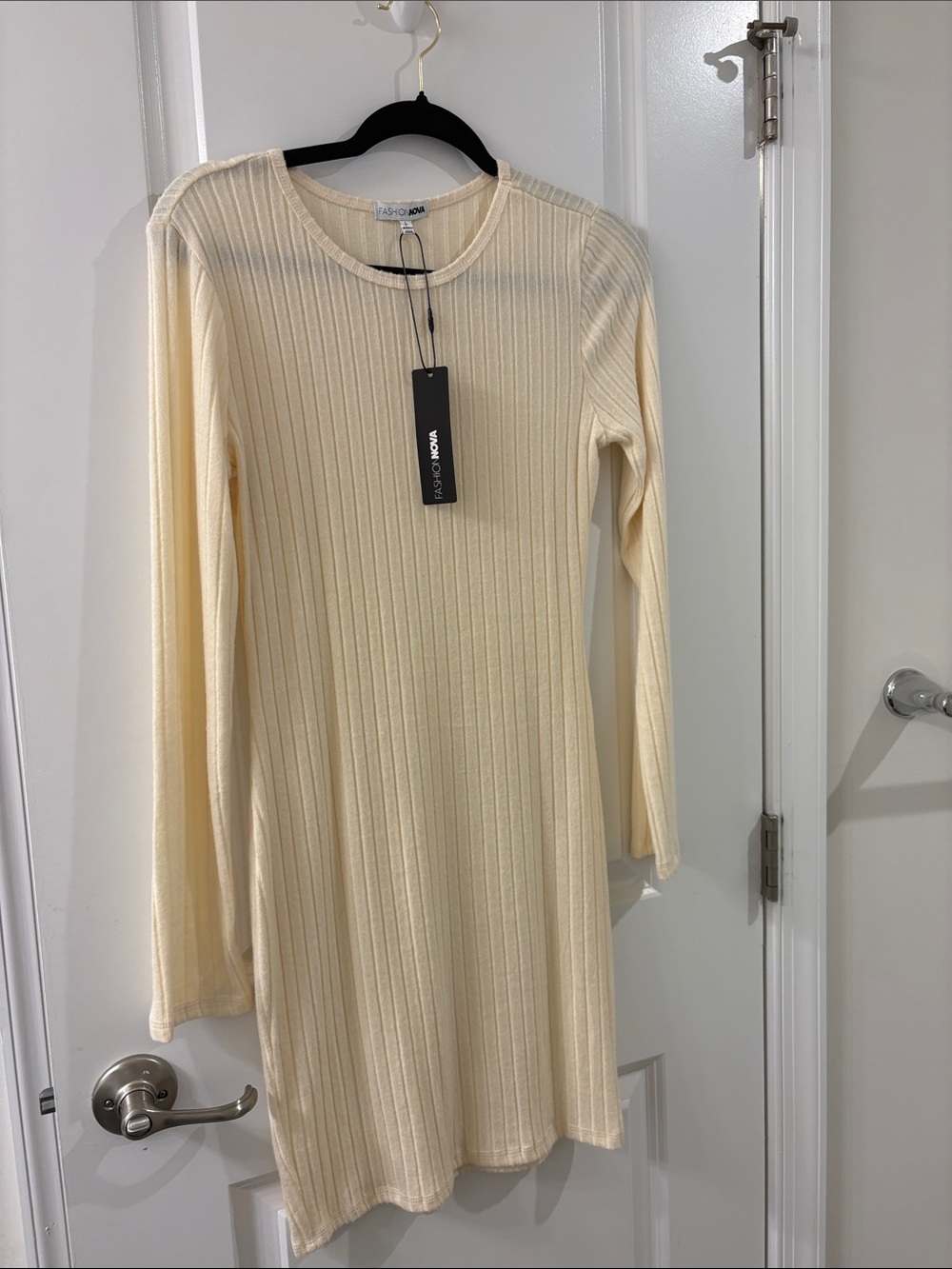 Fashion Nova Cream Ribbed Long Sleeve Knit Dress - Slim Silhouette